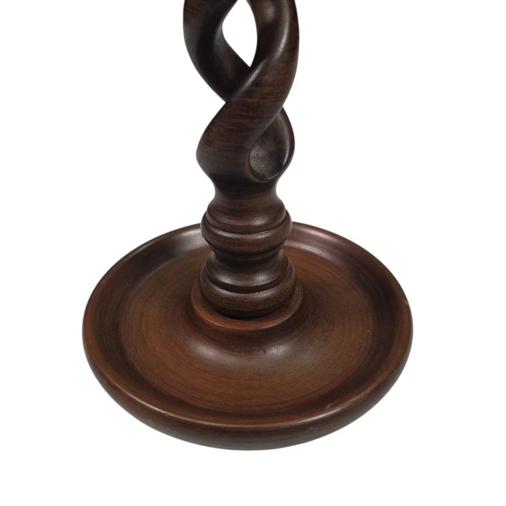 Antique English Oak Wood Candlestick‎ Holders Brass Open Barley Twist